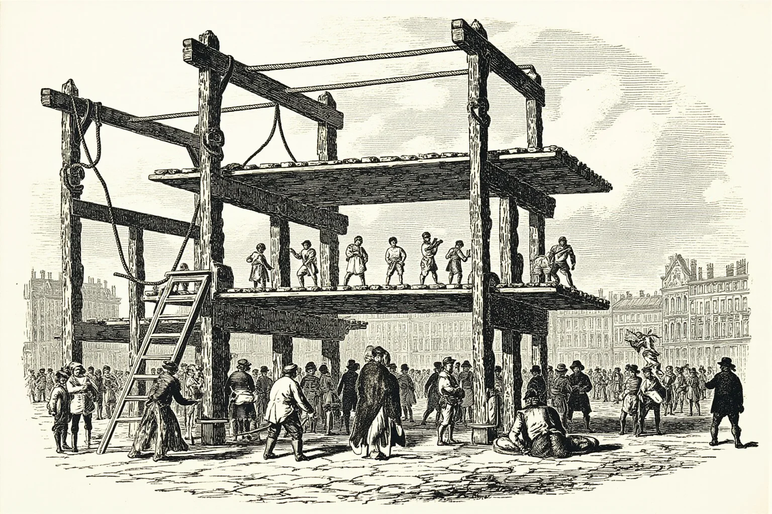 Executions Gone Horribly Wrong: 28 Botched Executions That Shocked History 29 Illustration of an 18th-century Paris square with a wooden scaffold, ropes and harnesses, a crowd of silhouettes, overcast light, historical print style, no graphic detail.