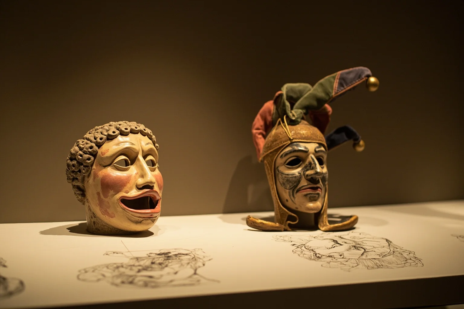 Charles Farrar Browne: America's First Stand-Up Comedian 10 Illustration of an ancient Greek comic mask beside a medieval jester's cap and bells on a plain table, arranged left to right as a visual timeline, museum lighting
