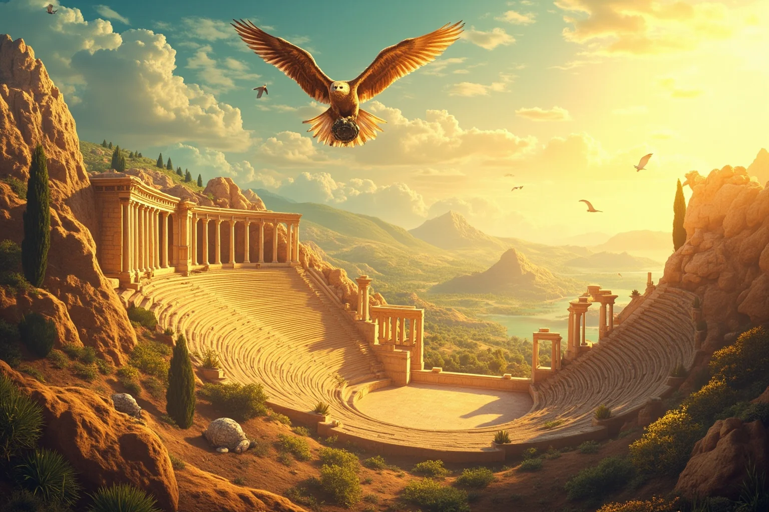 Illustration of an ancient Greek hillside with a theater, an eagle flying overhead carrying a tortoise, golden light