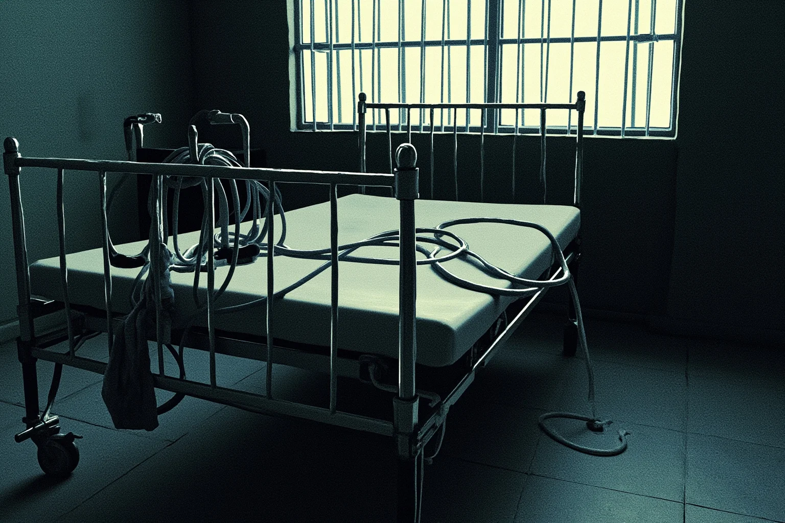 Executions Gone Horribly Wrong: 28 Botched Executions That Shocked History 27 Illustration of an empty prison infirmary bed with medical equipment and a tangle of tubing, soft daylight through barred windows, sombre mood.