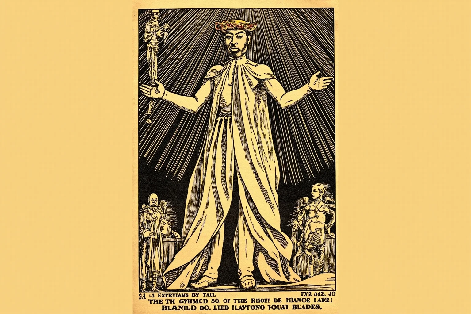 Illustration of an extremely tall performer in flowing traditional robes standing on a raised circus platform, vintage poster style
