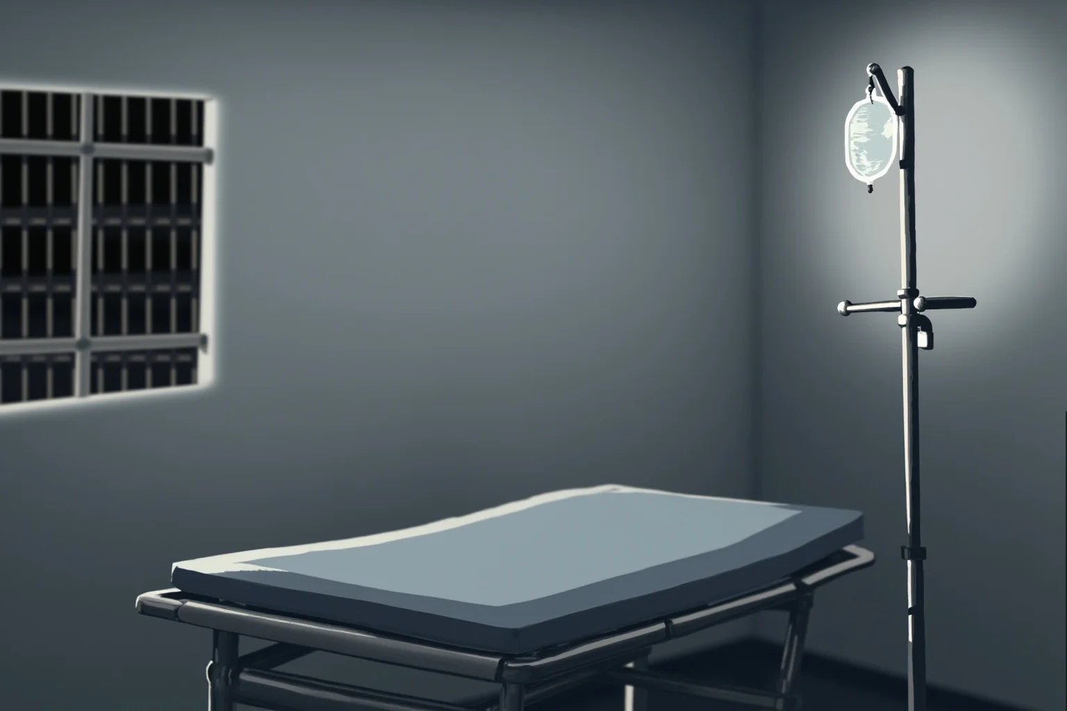 Executions Gone Horribly Wrong: 28 Botched Executions That Shocked History 23 Illustration of an IV stand and tubing beside a prison gurney, sterile white room, blurred observation window, clinical and sombre.