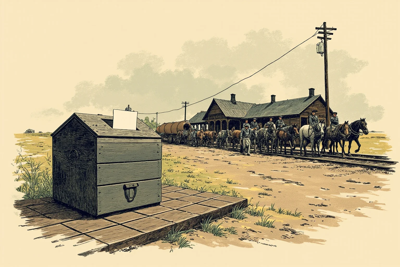 Illustration of an old ballot box and a Southern railway station with a departing wagon train of soldiers, muted post-Civil War colors