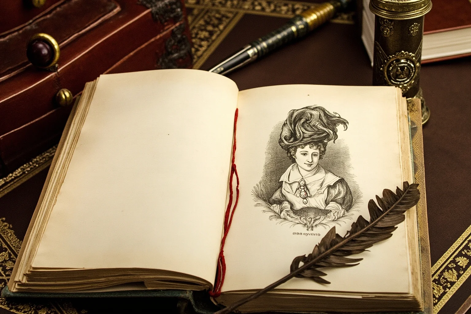 Illustration of an open 1830s Romantic-era book on a desk beside a quill, with a sketch of a cross-dressing heroine in a plumed hat, Art Nouveau-inspired style