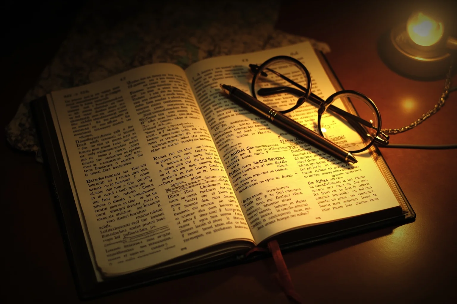 Illustration of an open vintage memoir book with a pen and a pair of spectacles beside a war-era map, warm lamplight