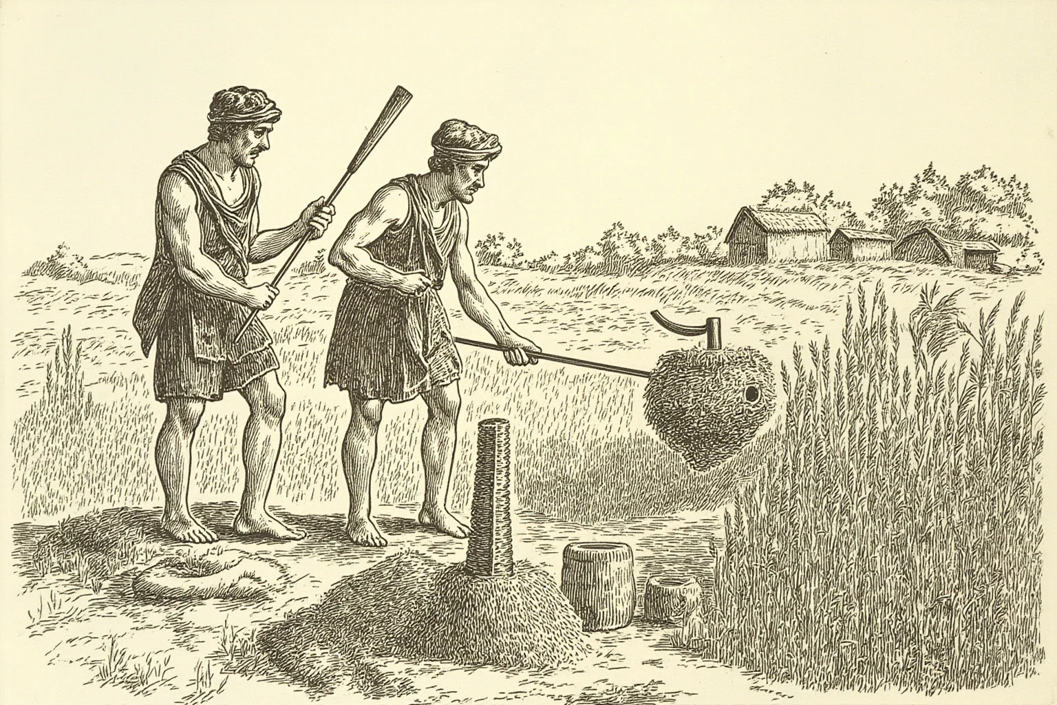 24 Facts About Prehistoric Humans 20 Illustration of early Neolithic farmers harvesting grain with flint sickles beside a small village.