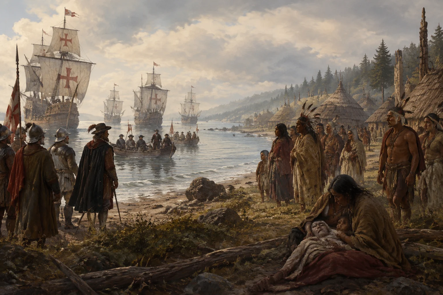 The Single Worst Time Period in Human History? What the Evidence Actually Shows 11 Illustration of European ships arriving at an Indigenous American coastal settlement, with a looming sense of change and epidemic, subdued historical tones.