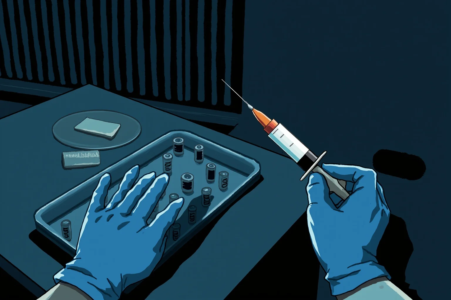 Executions Gone Horribly Wrong: 28 Botched Executions That Shocked History 24 Illustration of gloved hands holding a syringe beside a tray of medical supplies in a dim prison room, no faces visible, muted blue light.