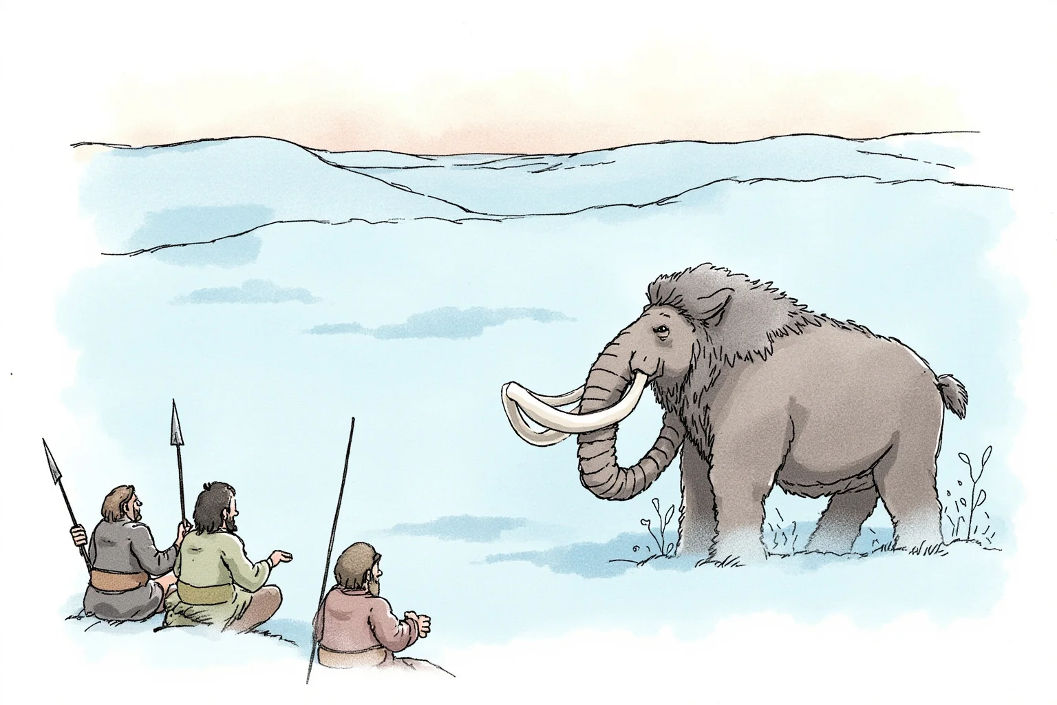 Illustration of Ice Age hunters with spears cautiously approaching a woolly mammoth across a snowy plain.