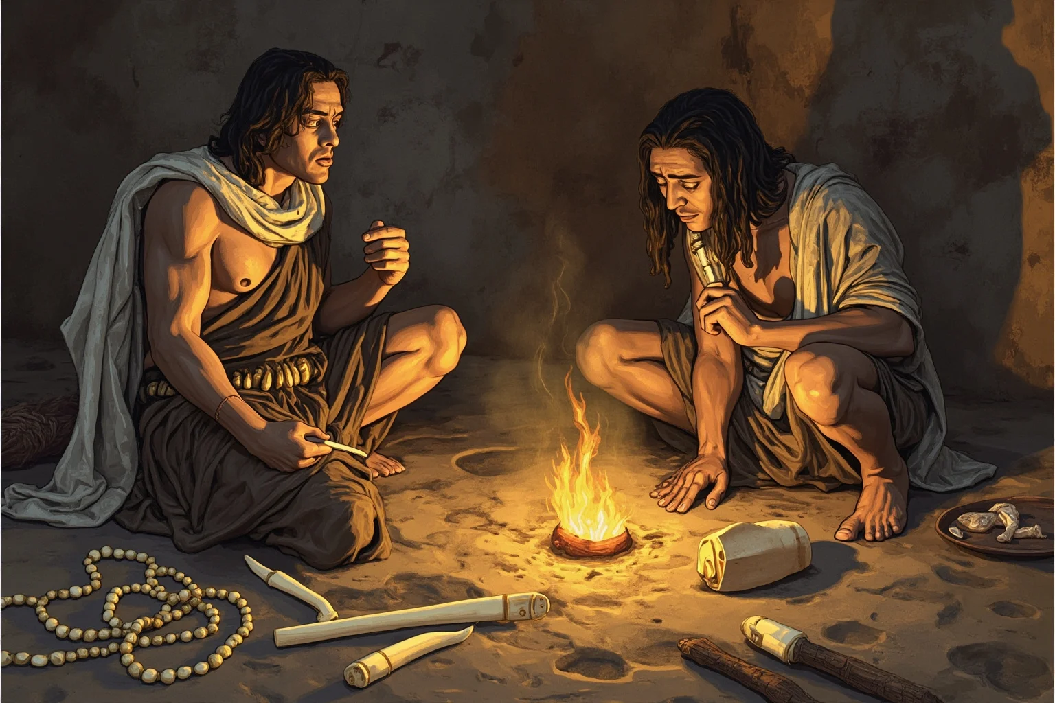 Illustration of Ice Age people carving a small ivory figurine by firelight, with ivory beads and an ivory flute nearby.