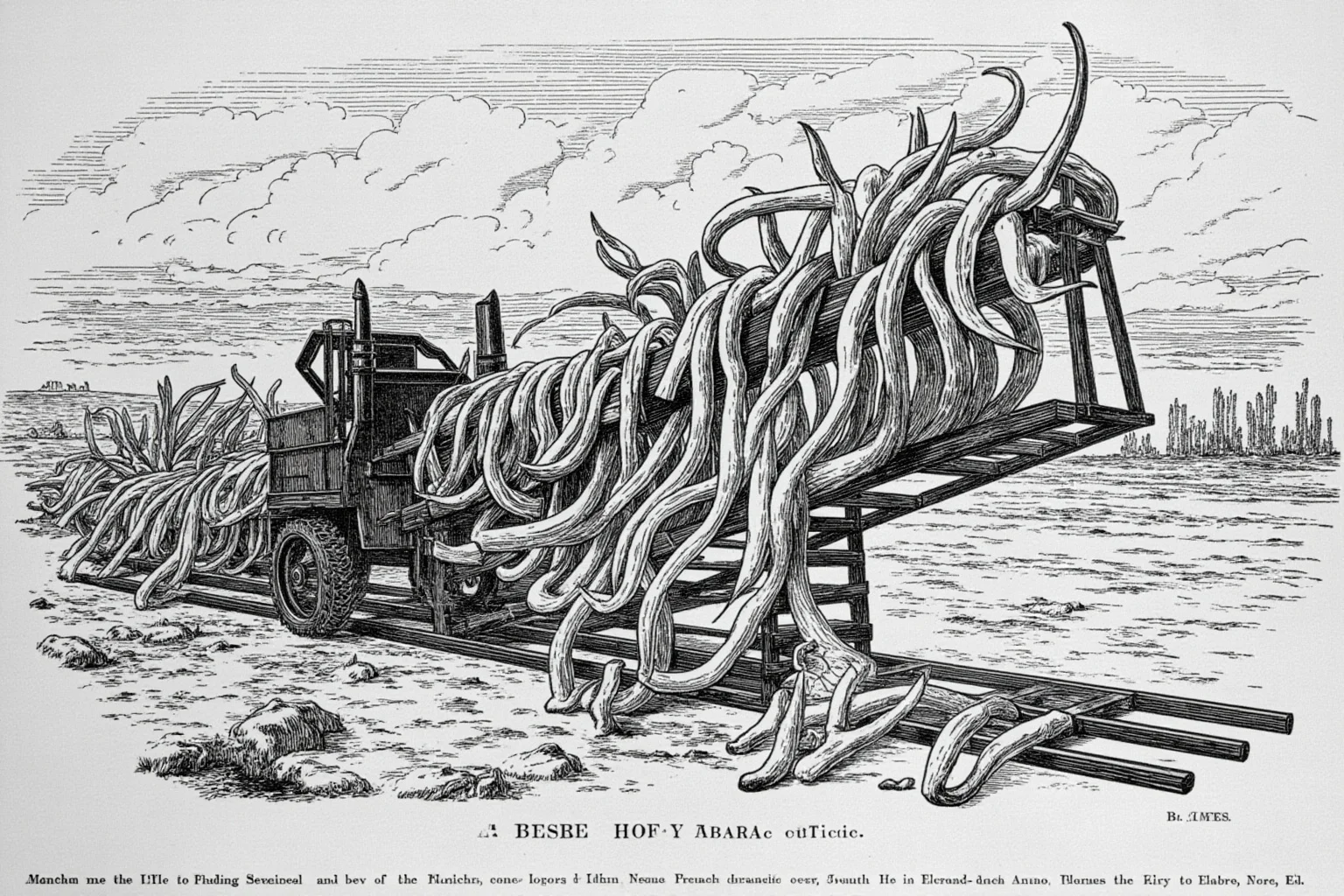 Illustration of large mammoth tusks being recovered from thawing Siberian permafrost and loaded for transport.