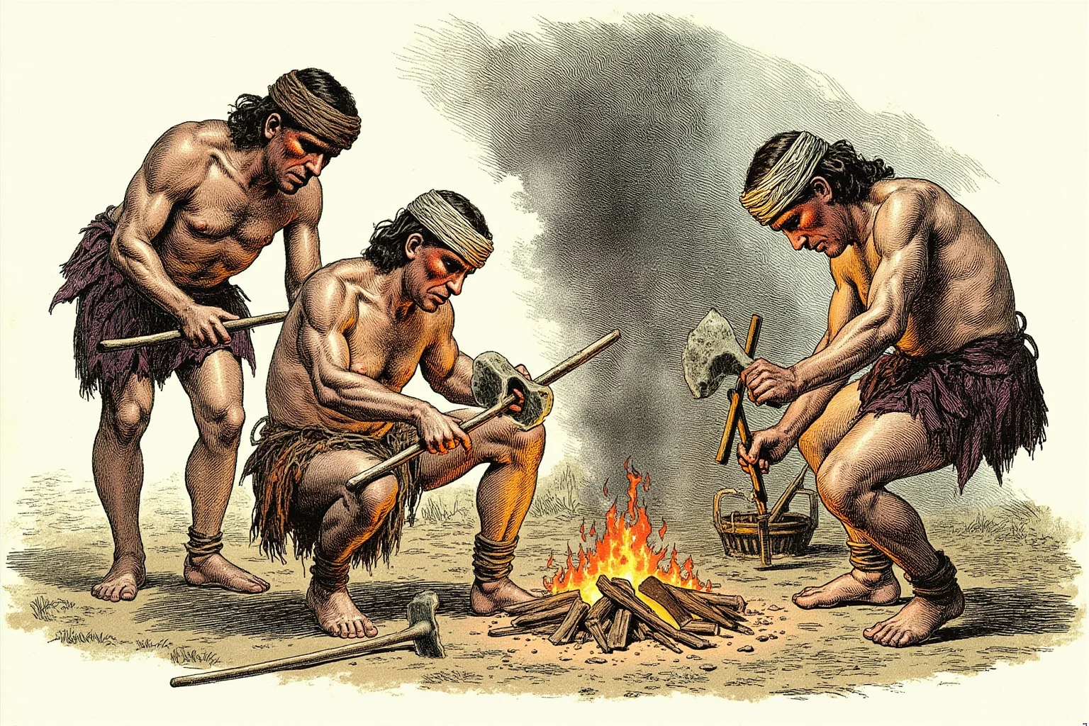 24 Facts About Prehistoric Humans 4 Illustration of Neanderthal people around a fire making birch-bark pitch and hafting stone tools onto wooden shafts.
