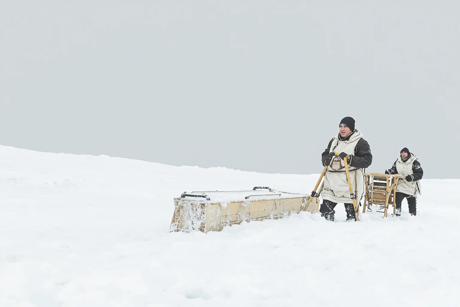 Illustration of polar explorers in heavy winter gear hauling a sledge across a vast white Antarctic plain under a gray sky
