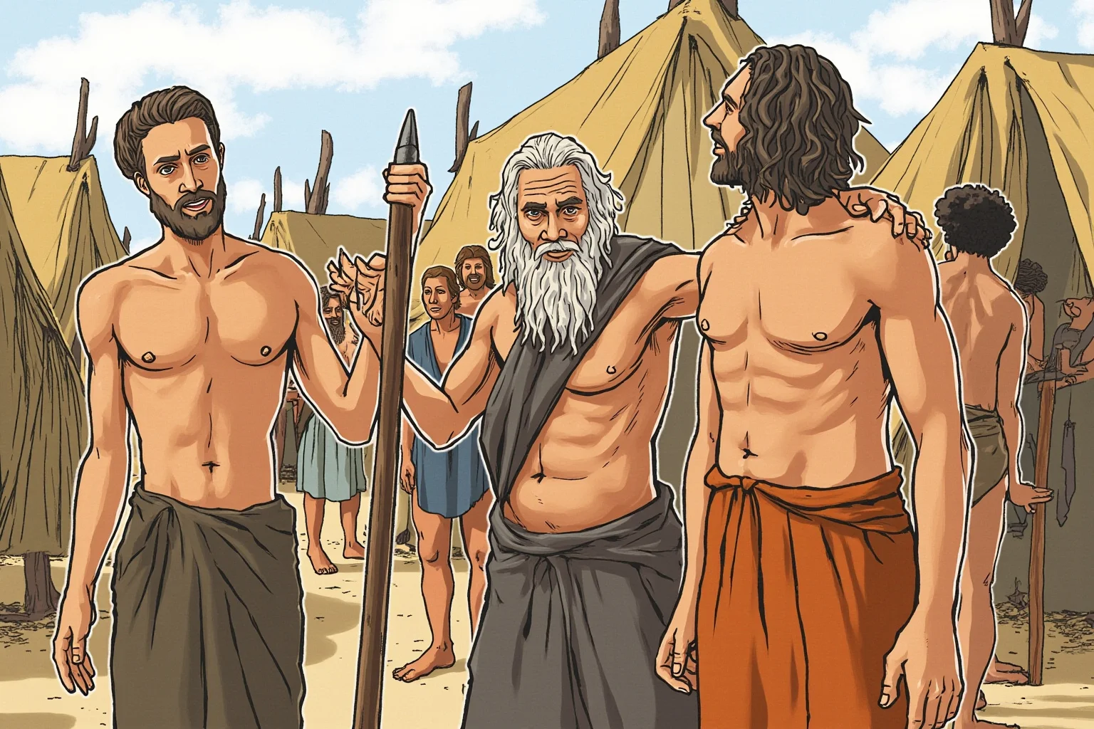 24 Facts About Prehistoric Humans 17 Illustration of prehistoric adults of varied ages working together at a camp, including an elder with grey hair.