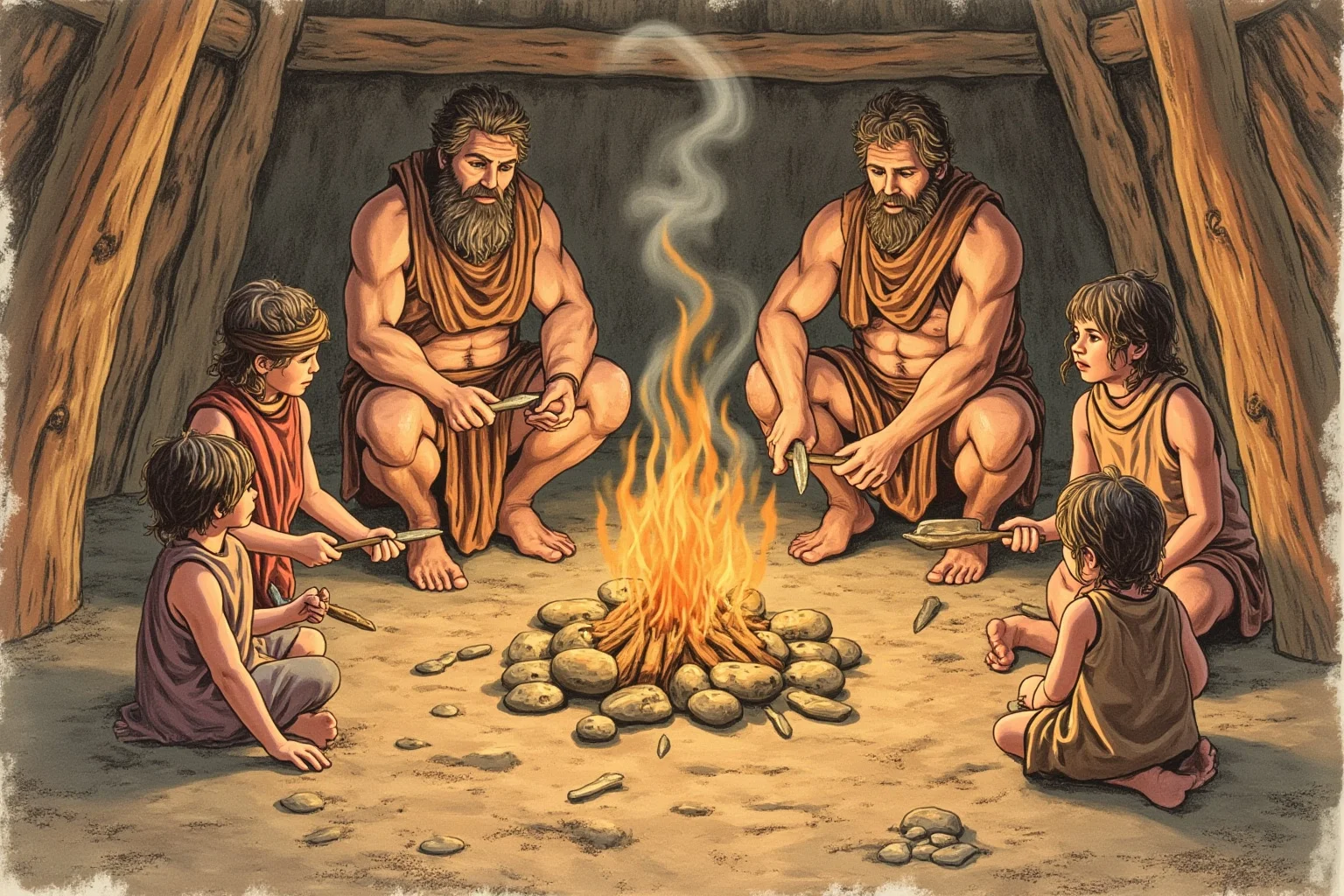 24 Facts About Prehistoric Humans 21 Illustration of prehistoric adults teaching children to knap stone tools around a hearth.