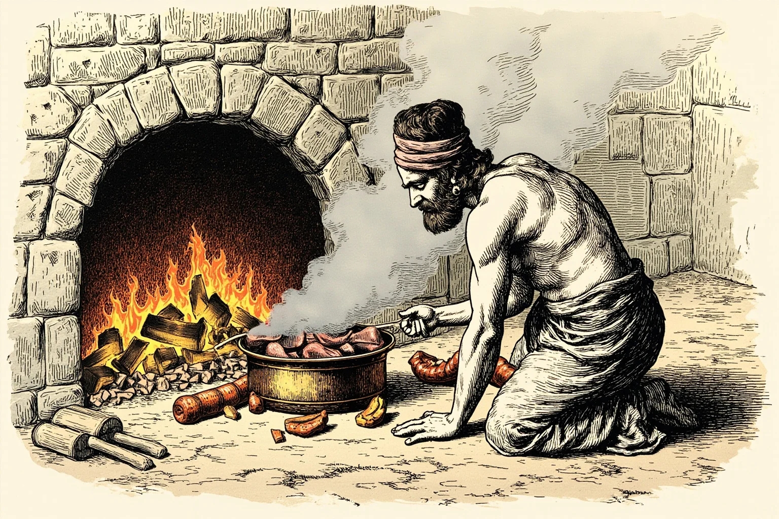 24 Facts About Prehistoric Humans 8 Illustration of prehistoric cooks roasting tubers and meat over glowing embers beside a stone hearth.