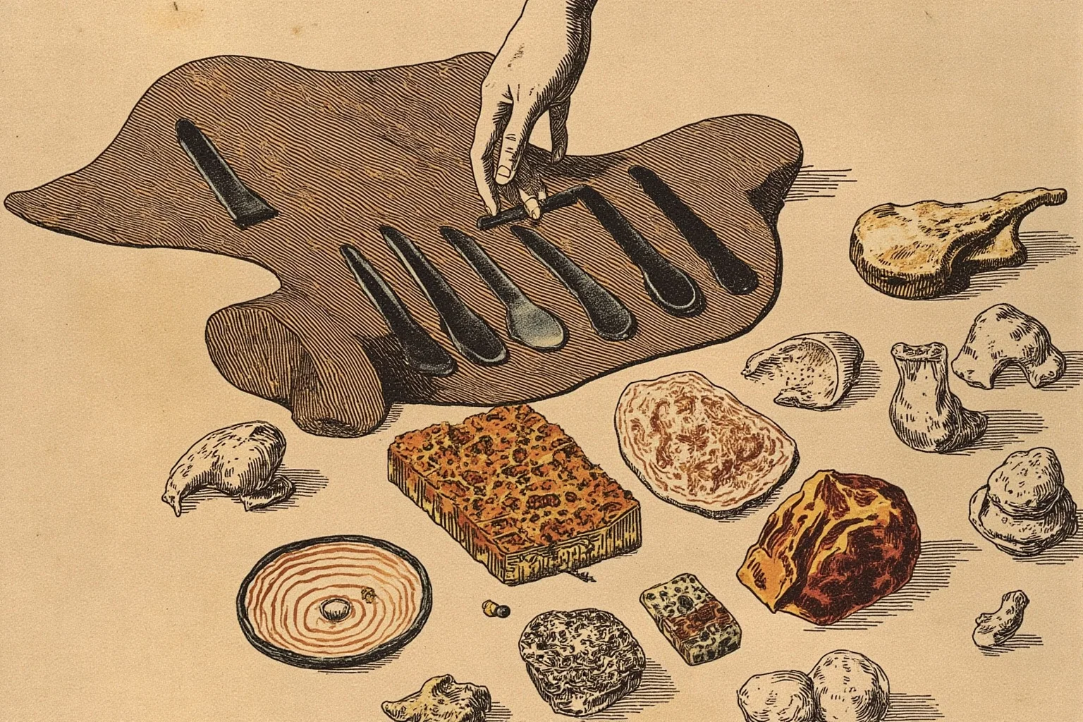 24 Facts About Prehistoric Humans 23 Illustration of prehistoric goods being exchanged, with obsidian blades, shells, and amber laid out on a hide.
