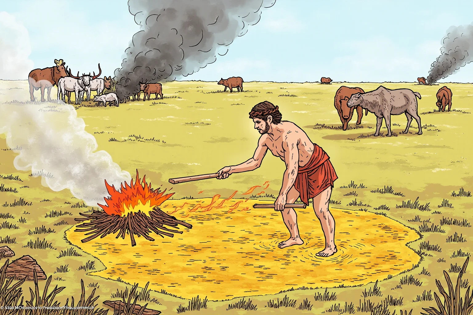 24 Facts About Prehistoric Humans 24 Illustration of prehistoric people using controlled fire to clear grassland, with animals and smoke in the distance.