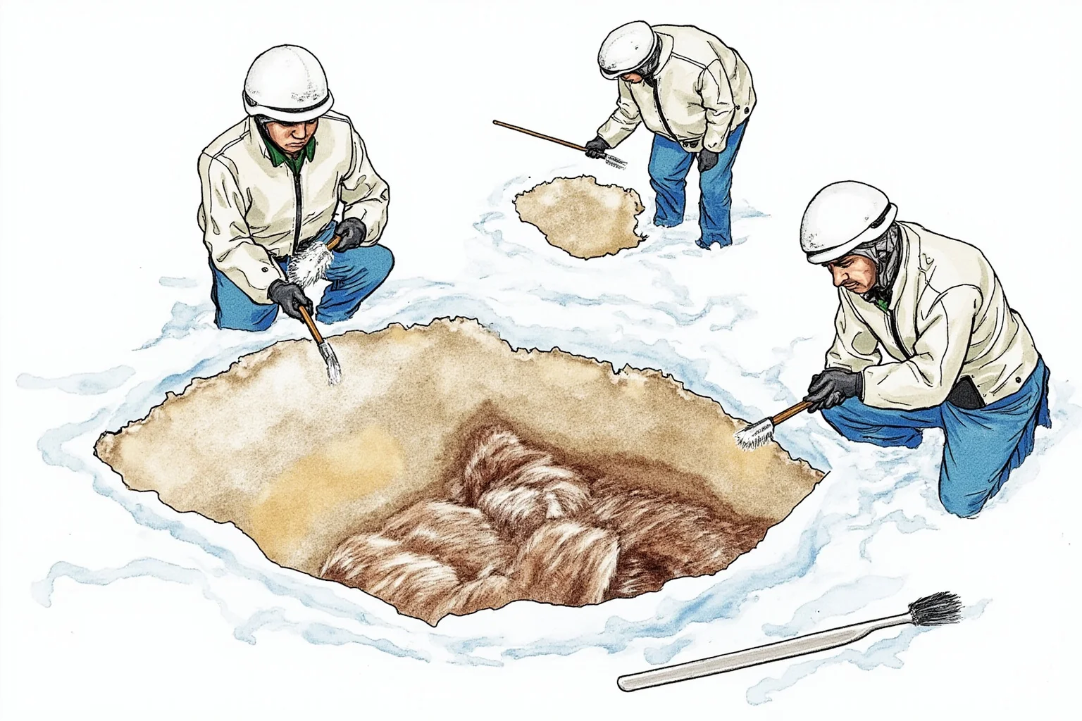 Illustration of scientists carefully excavating a preserved frozen mammoth calf from permafrost with brushes and tools.