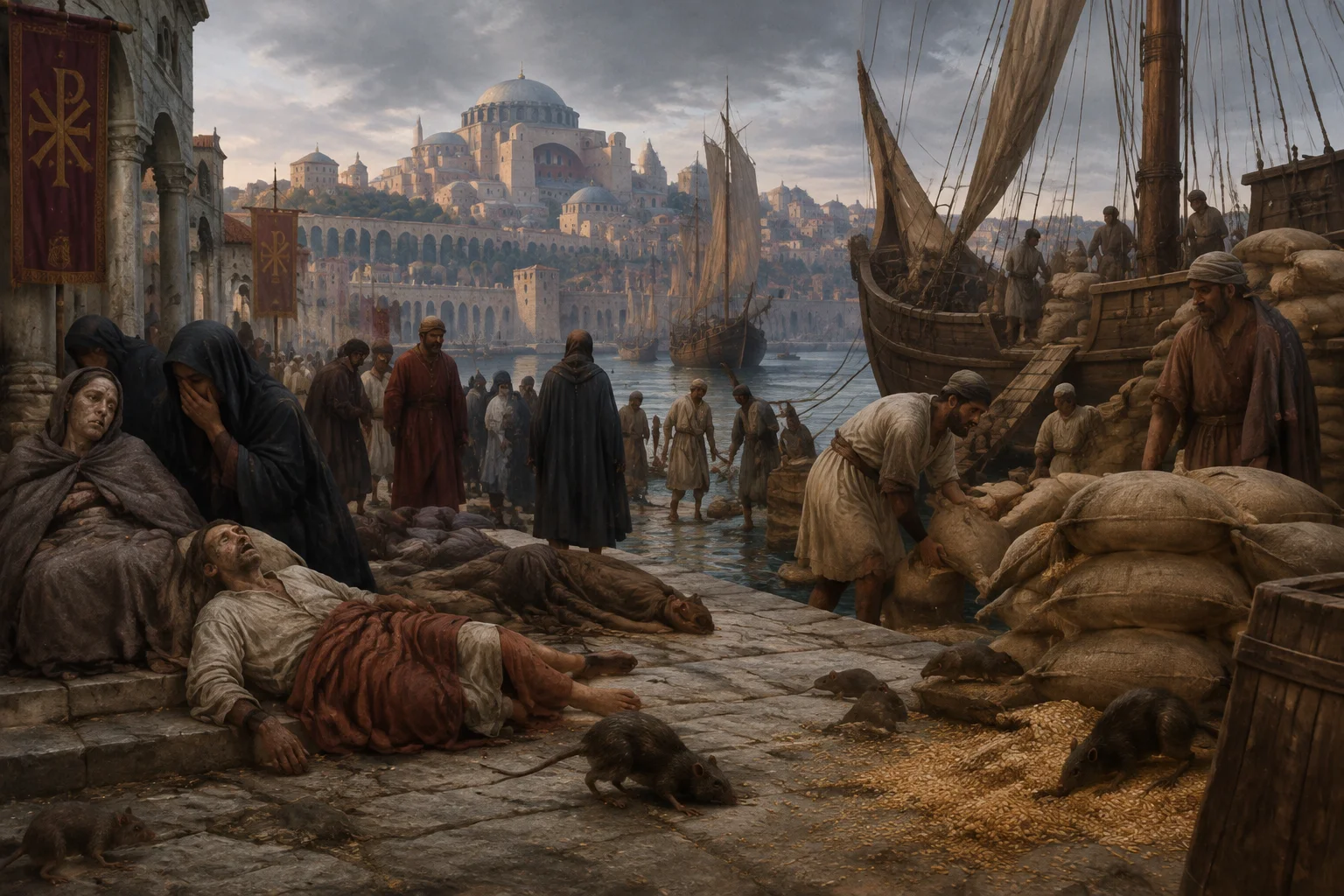The Single Worst Time Period in Human History? What the Evidence Actually Shows 3 Illustration of the Plague of Justinian: Byzantine harbor city with sick people and rats near grain ships, somber historical painting style.