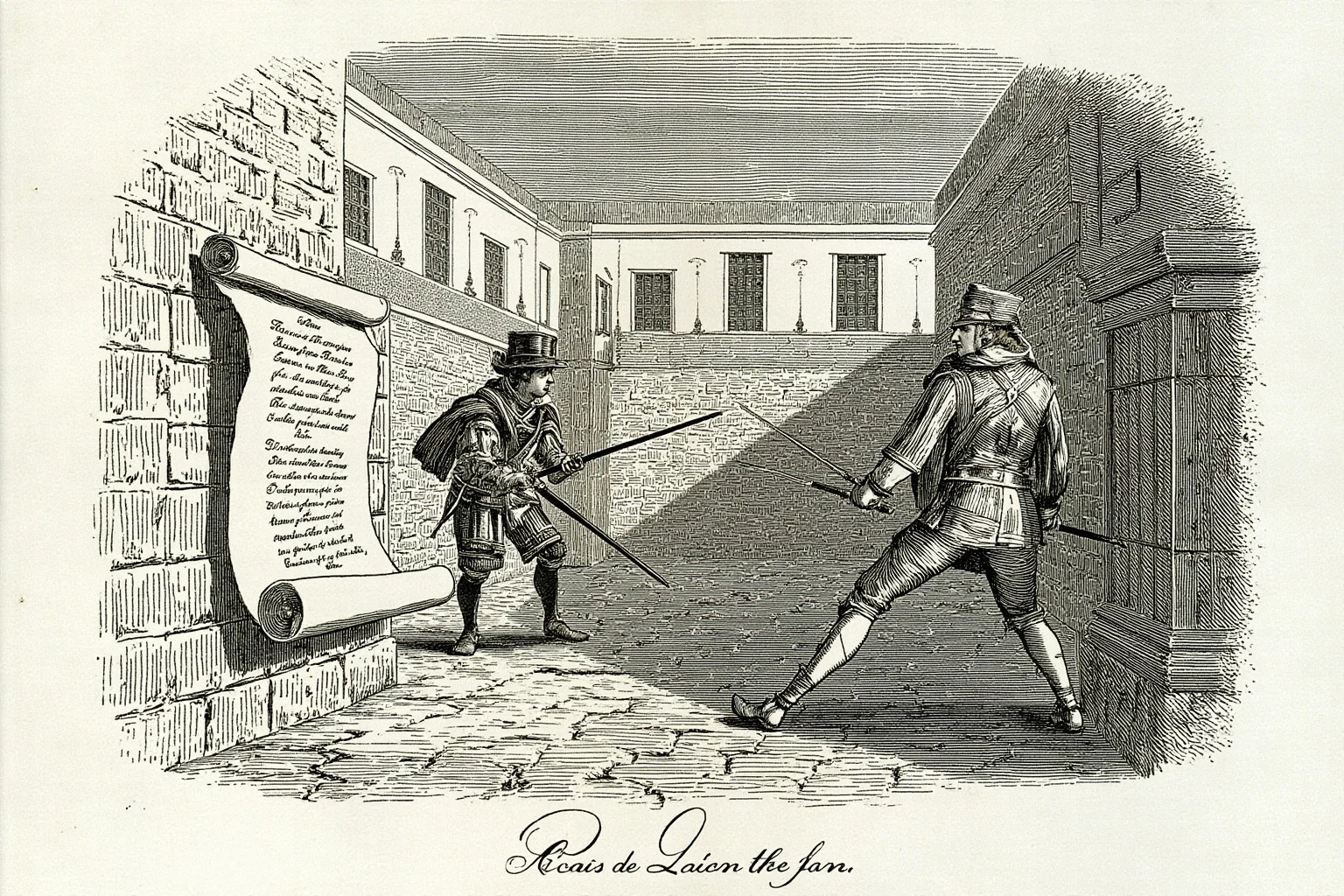 Illustration of two duelists with rapiers in a Parisian courtyard, a royal edict scroll pinned to a wall in the foreground, 17th-century setting