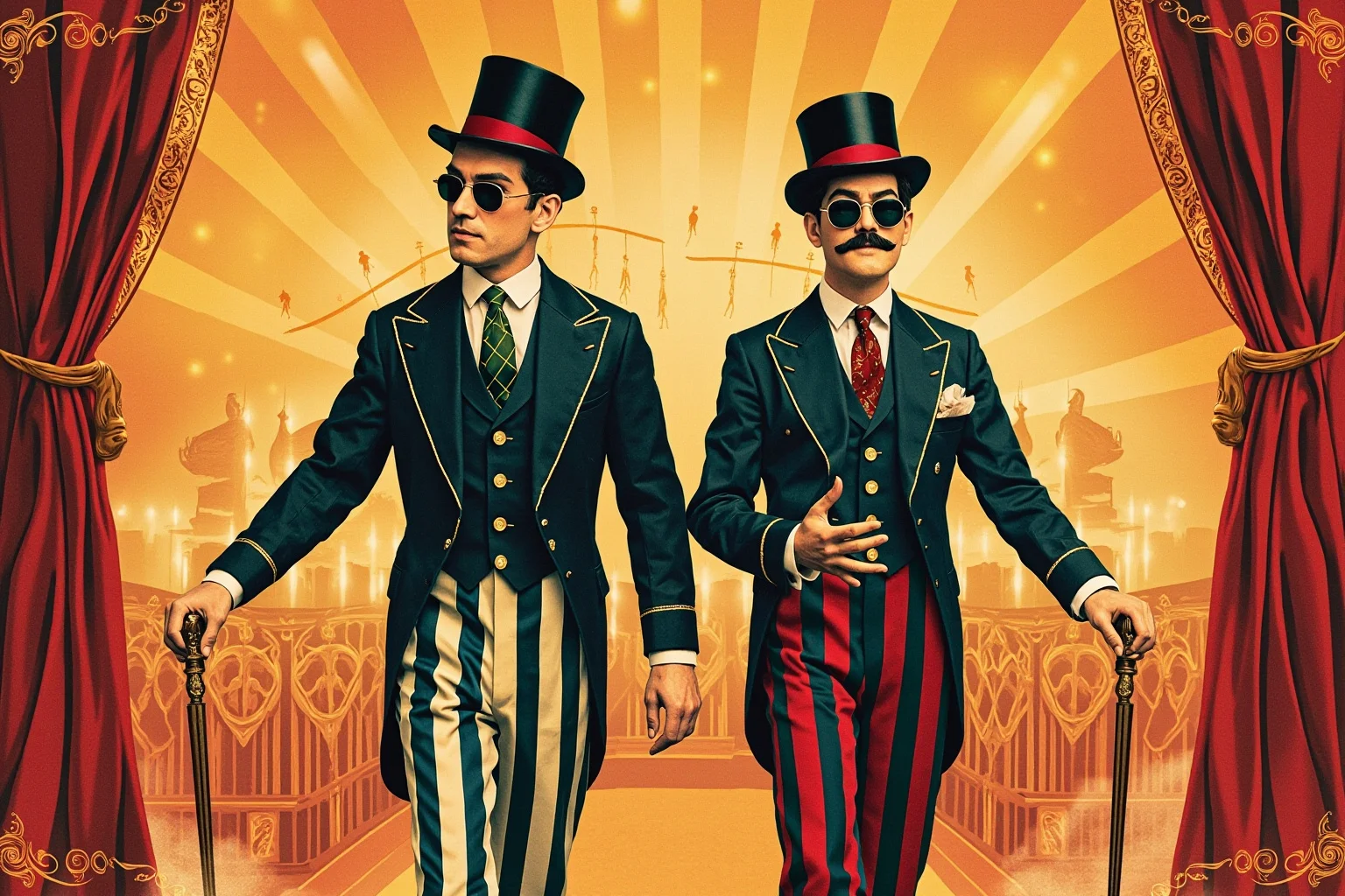 Illustration of two performers in matching formal 19th-century suits standing side by side on a circus stage, vintage poster style