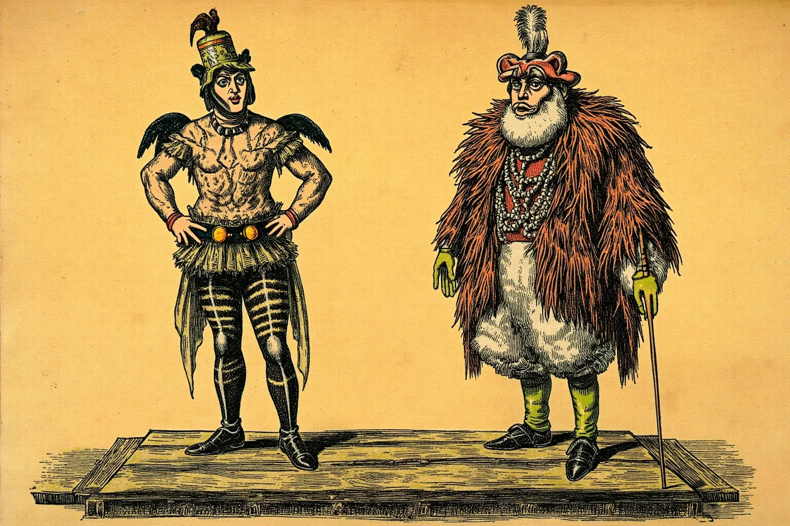 Illustration of two sideshow performers in exaggerated exotic costumes standing on a rustic circus platform, vintage banner style