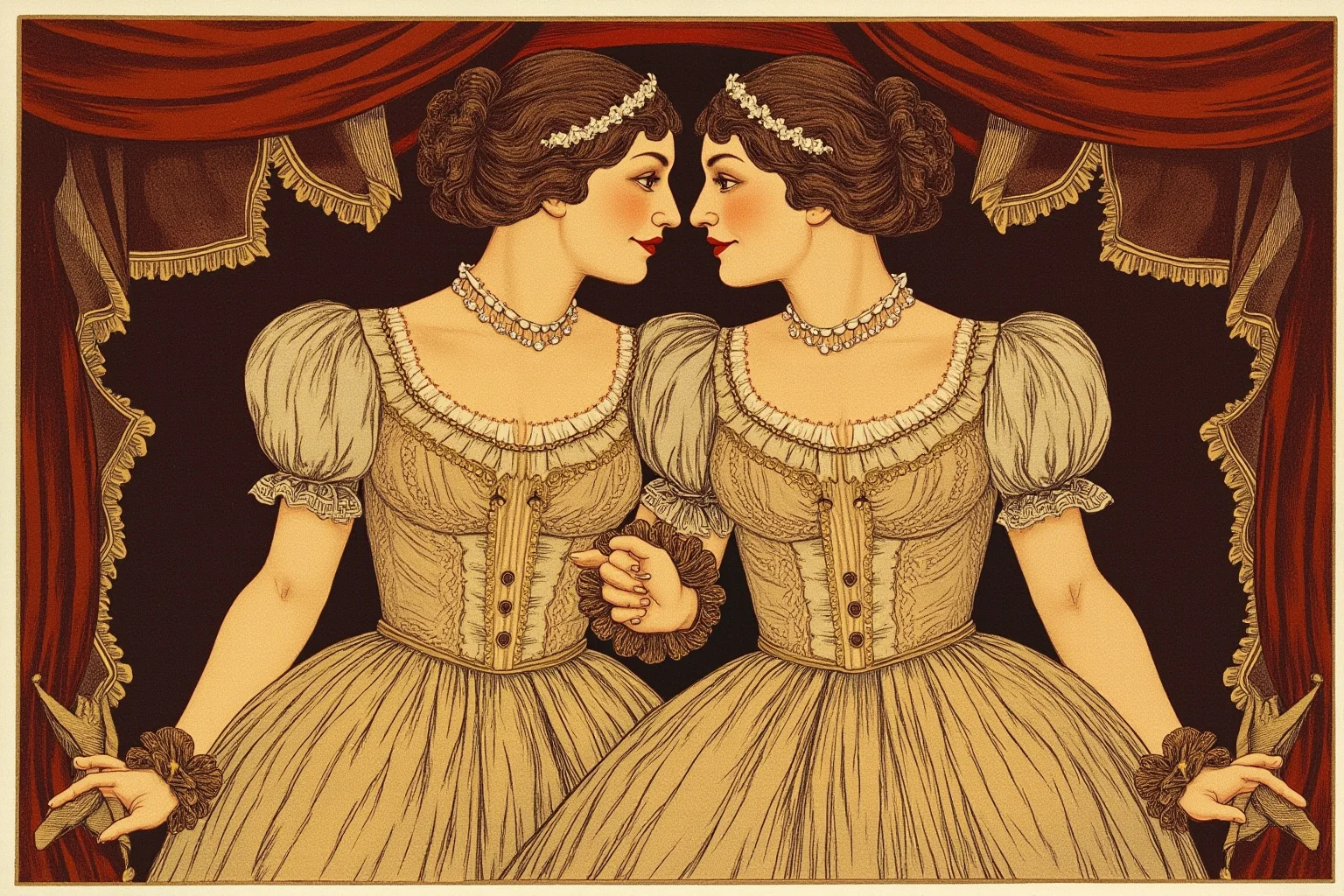 Illustration of two twin singers performing together on a Victorian circus stage in matching gowns, vintage poster style