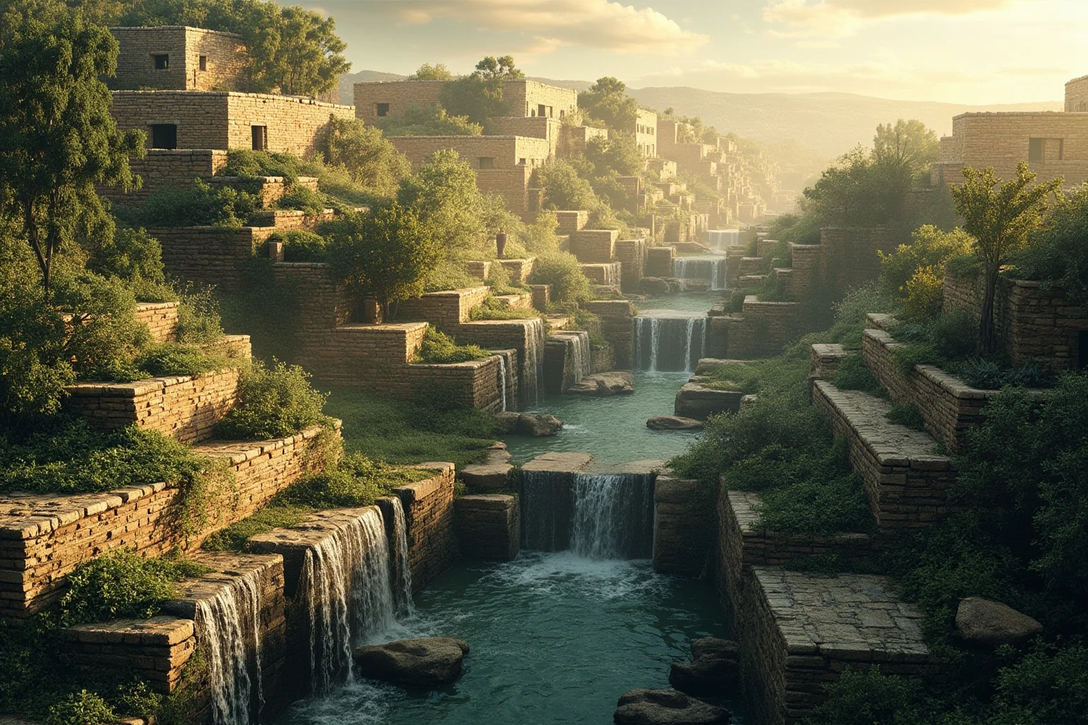 Imagined terraced gardens with cascading water channels and lush greenery beside an ancient Mesopotamian brick wall