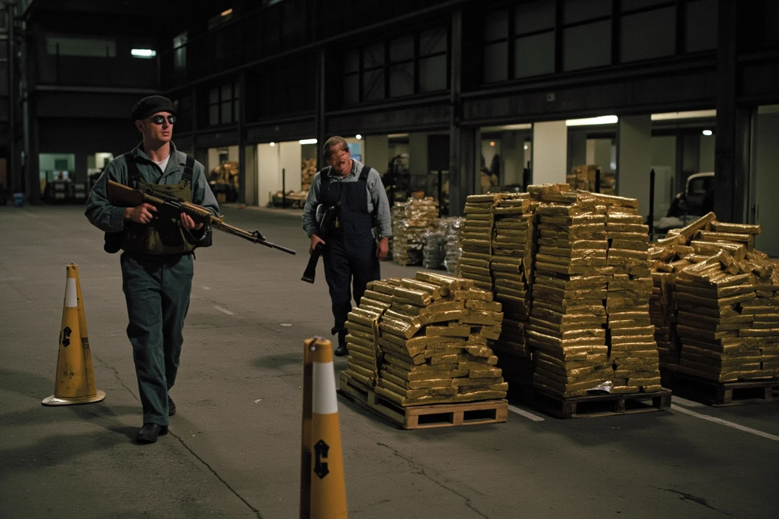 Industrial warehouse near an airport filled with stacked gold bars on a pallet, armed men in overalls, sodium lights, gritty 1980s London atmosphere.