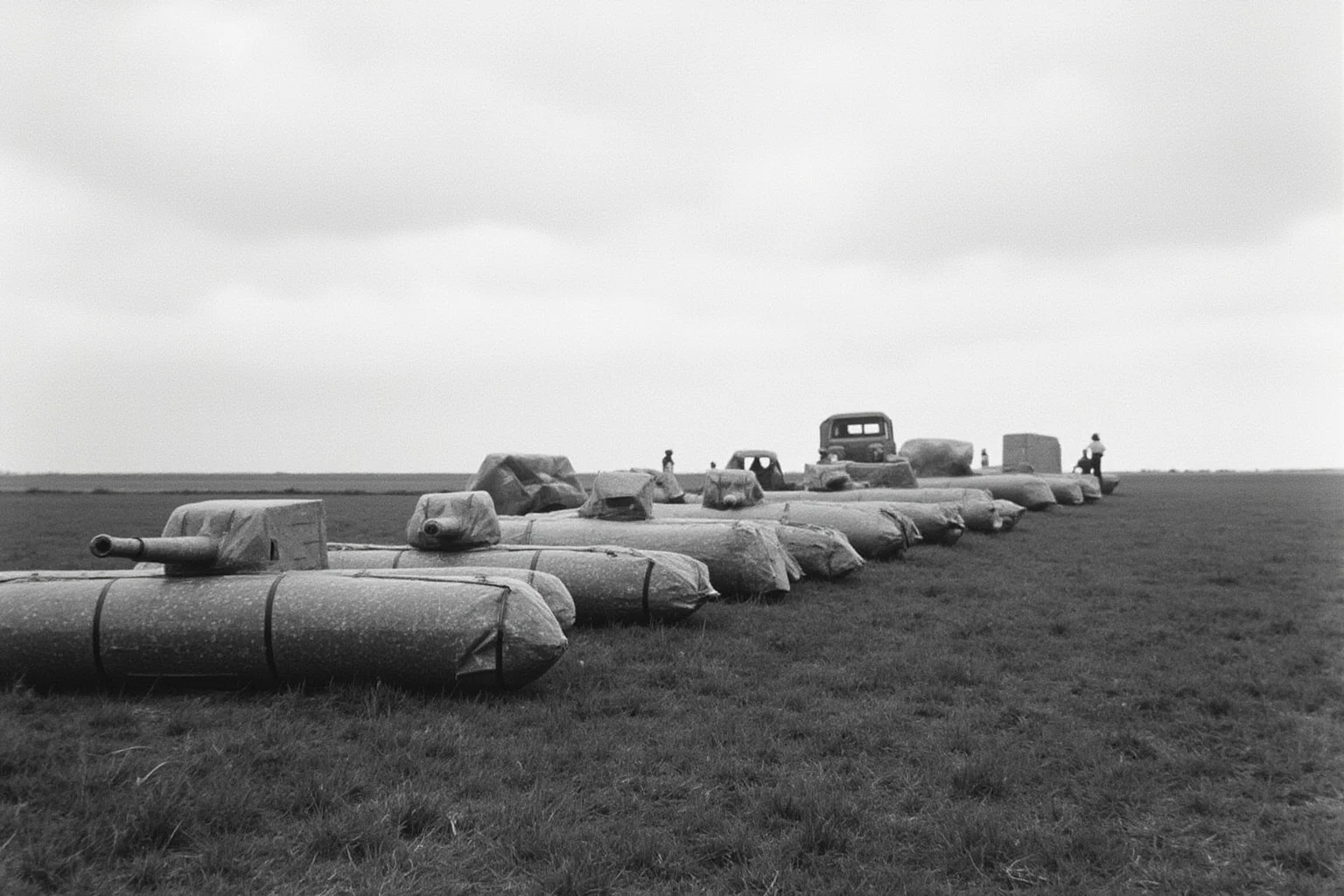 The Turning Point? 20 Facts About the Battle of Normandy 4 Inflatable decoy tanks and fake trucks lined up in an English field under an overcast sky, with a few figures inspecting them, 1940s style illustration