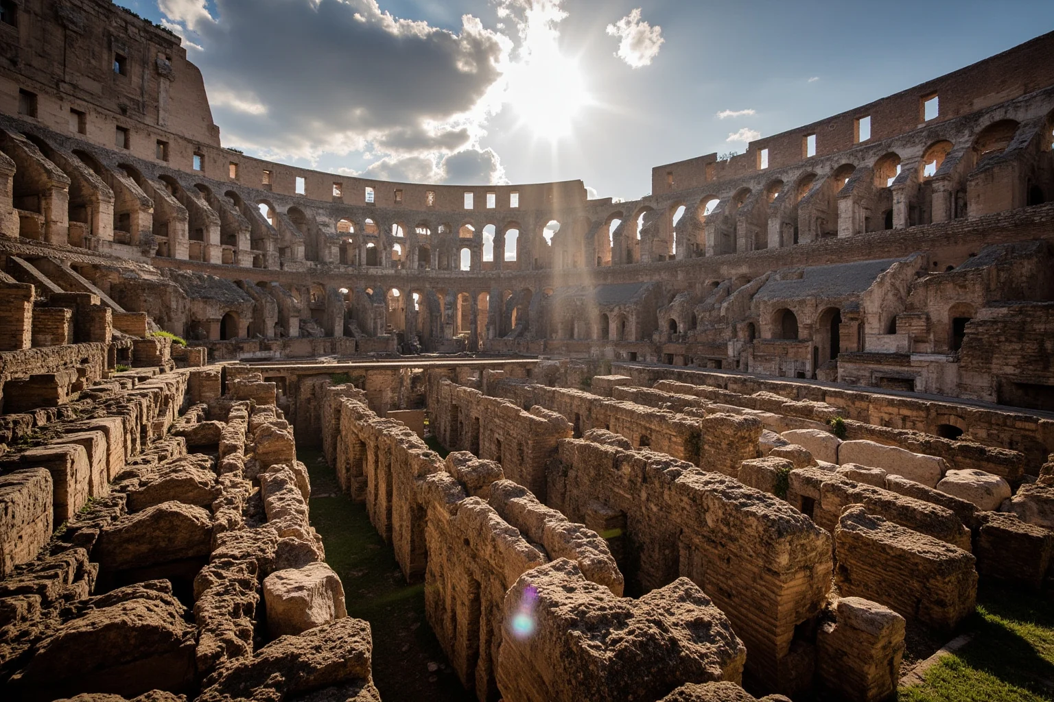 Interior arcades of the Roman Colosseum, stone arches and shafts of sunlight across ancient seating tiers