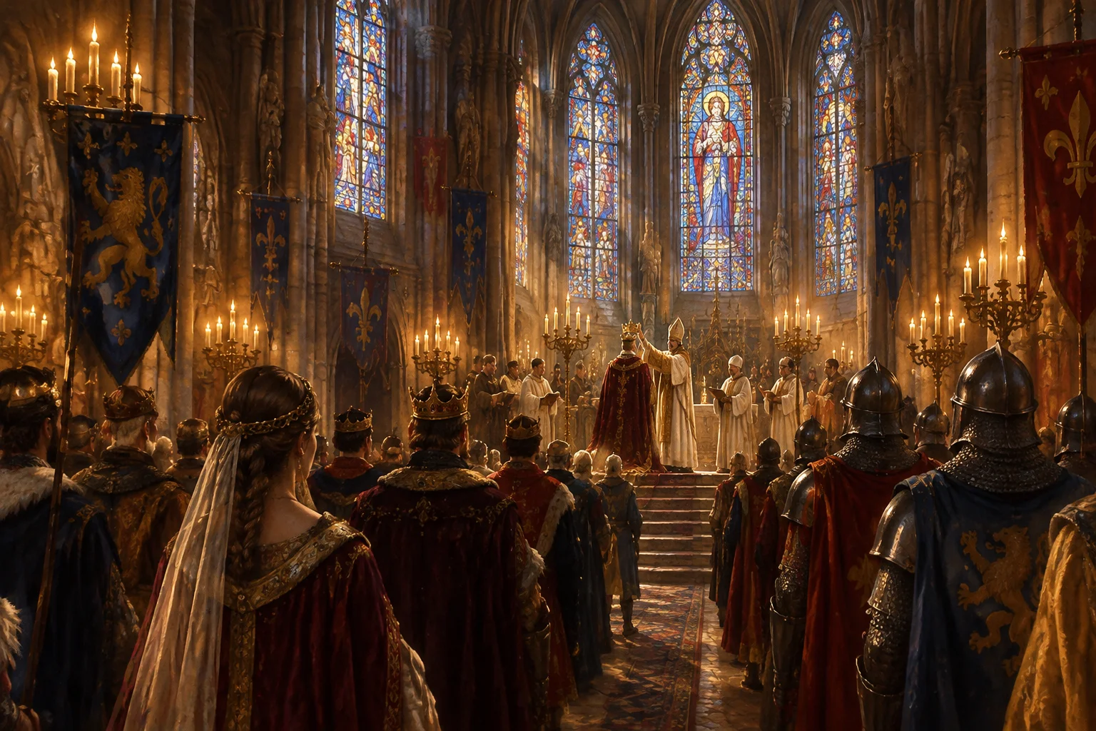 Joan of Arc: The Teenager Who Turned the Tide of a Century-Long War 3 Interior of a Gothic cathedral during a medieval coronation ceremony, candlelight and stained glass, nobles and knights in period dress seen from behind, painterly historical illustration, no identifiable public figures.