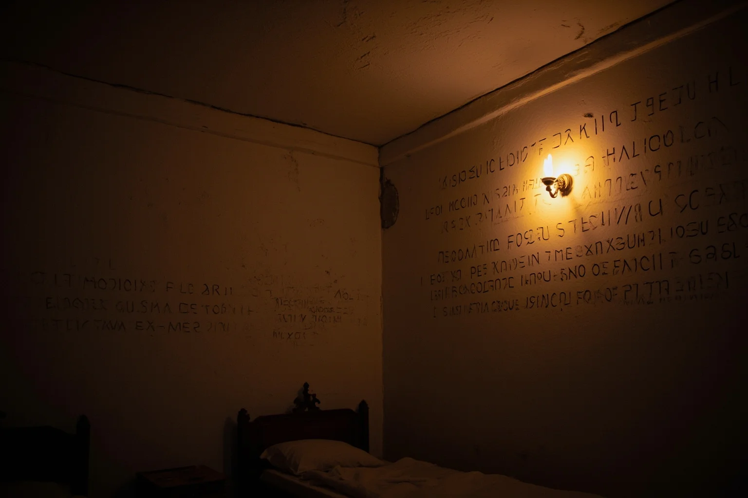 23 Ancient Graffiti Messages That Sound Shockingly Modern 4 Interior of a simple Roman inn room with Latin verse scratched into the plaster wall, dim oil-lamp light, empty bed, no people.