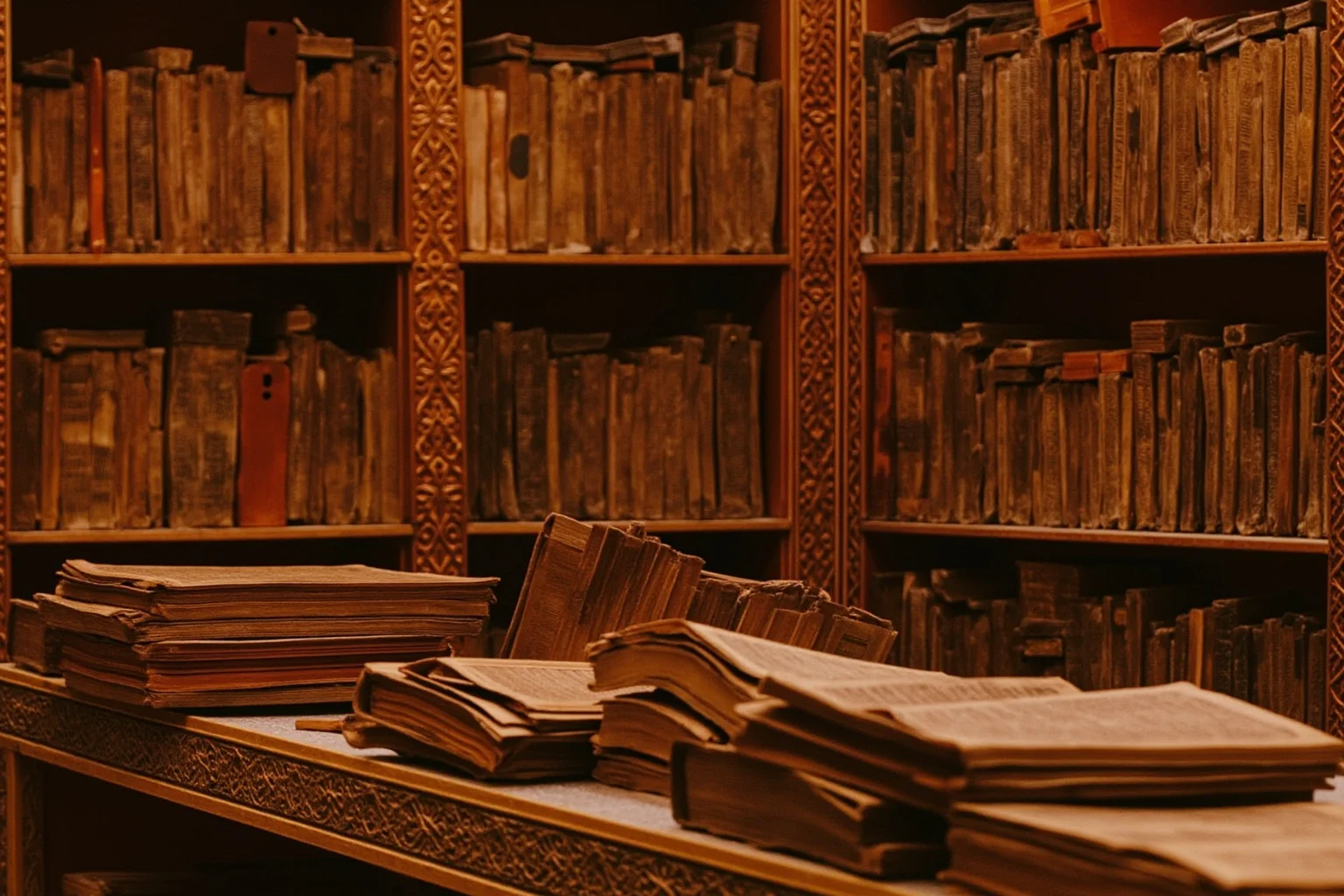 The History Behind the World's Oldest Library 4 Interior of the Al-Qarawiyyin library in Fez, Morocco, with carved wood and old manuscripts, warm ambient light, photorealistic.