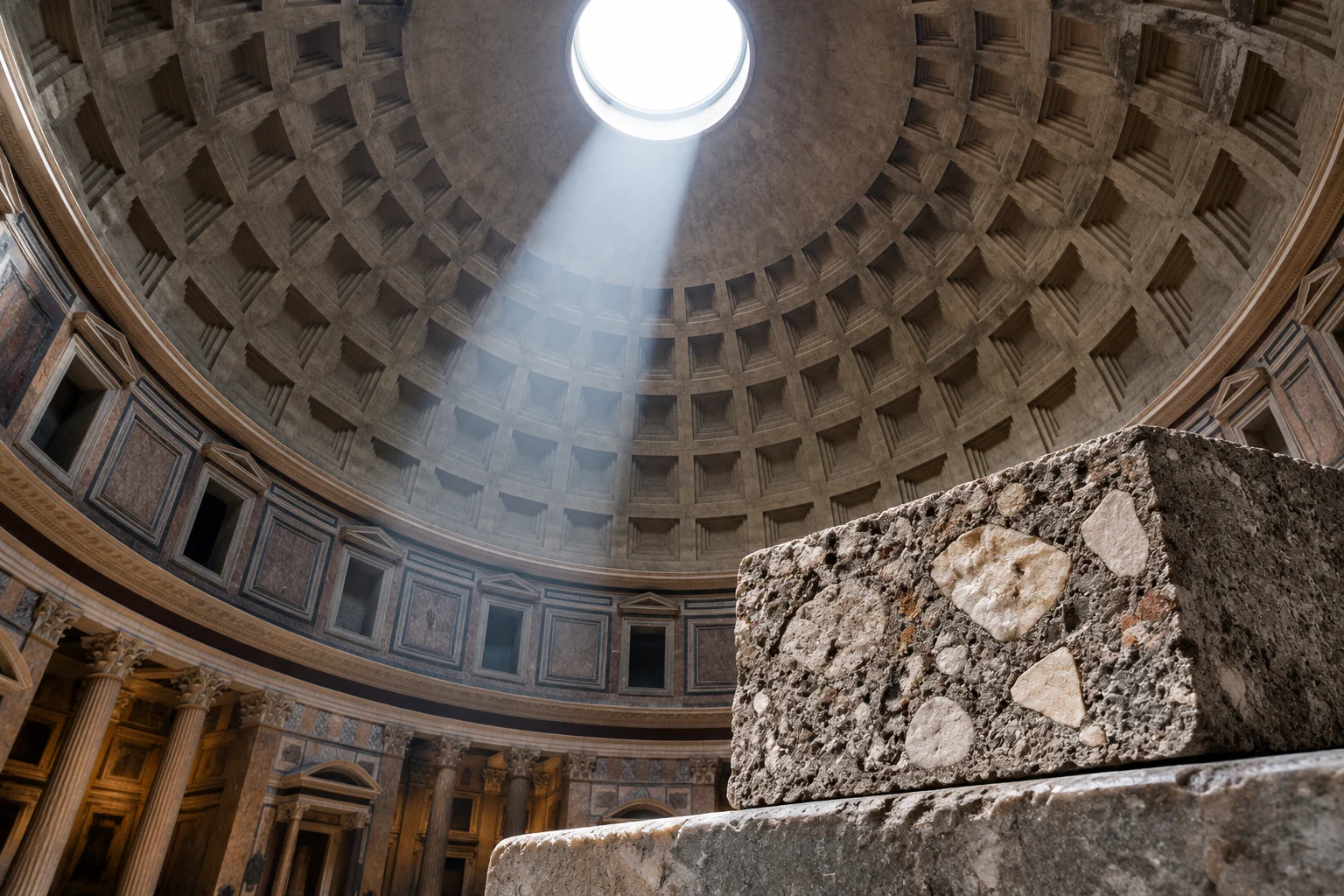 23 Historical Finds That Reveal Advanced Ancient Civilizations 4 Interior of the Pantheon dome in Rome showing the coffered concrete ceiling and the beam of light from the oculus, with a cross-section sample of Roman concrete containing lime clasts on a stone ledge, no people.