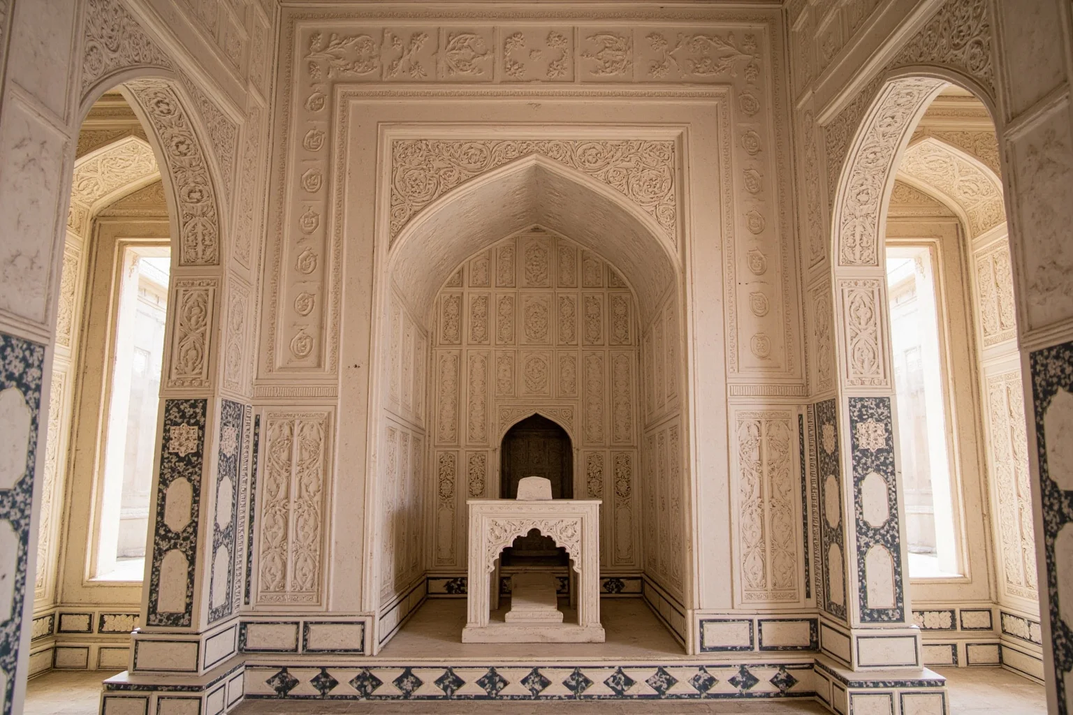 Interior of the Taj Mahal showing the marble screen and cenotaphs