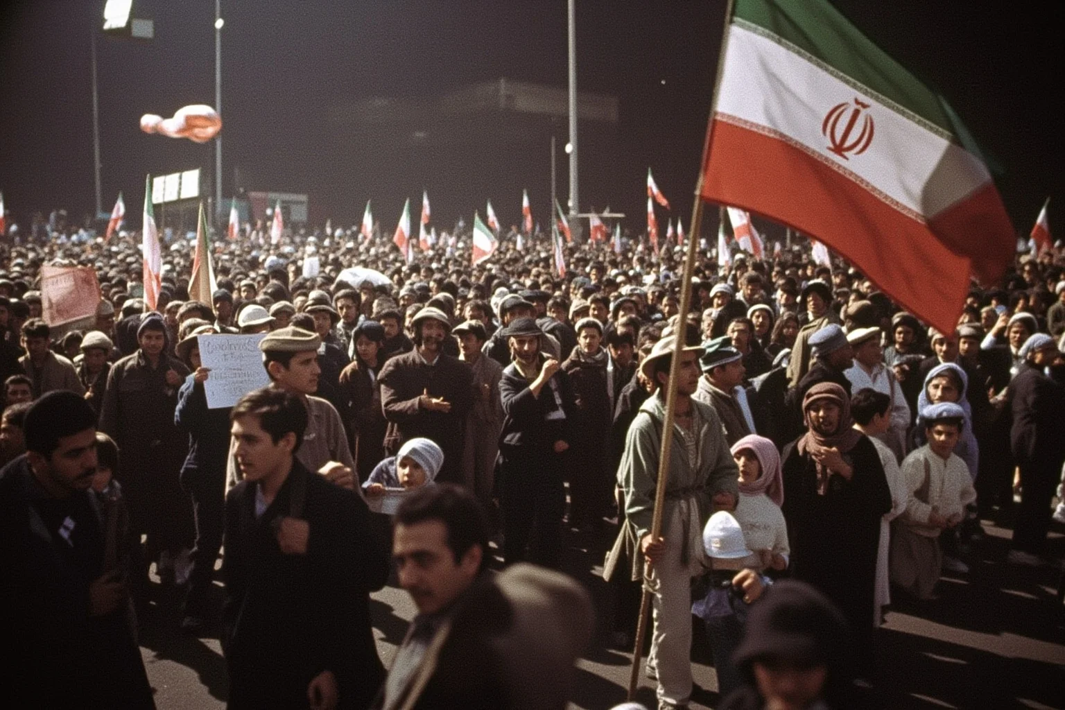 21 Times Governments Were Overthrown by the People 8 Iranian protesters in 1979 Tehran carrying banners in a city square, dramatic lighting, historical illustration, no recognizable real individuals.