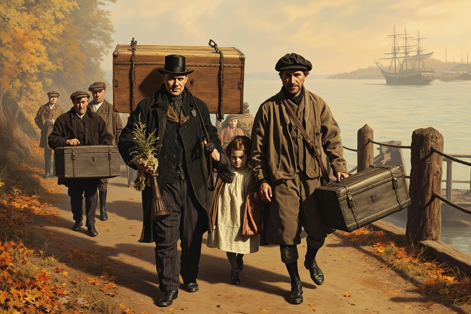 Irish and Scottish immigrant family arriving in 19th century North America carrying trunks, autumn harbor backdrop, warm historical illustration, no text