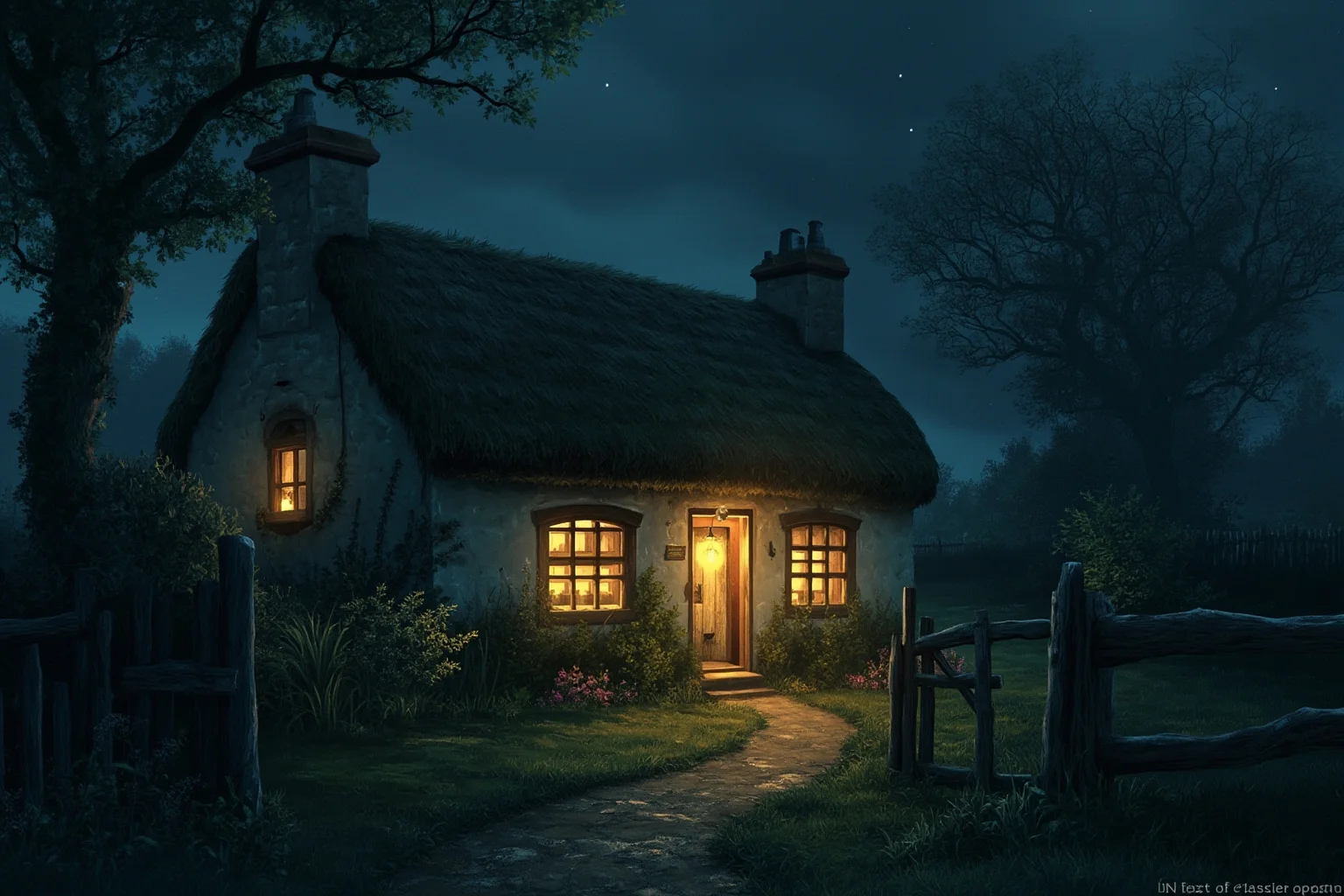 Irish countryside cottage with a carved turnip lantern glowing, Stingy Jack folktale mood, misty night, painterly illustration, no text