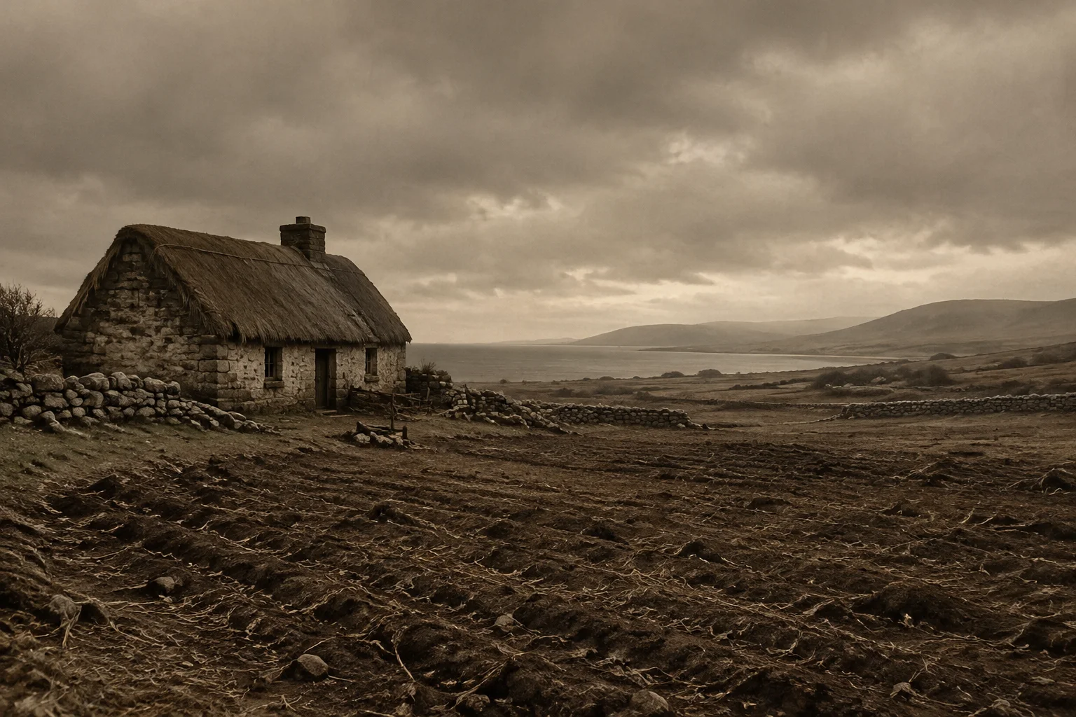 The Single Worst Time Period in Human History? What the Evidence Actually Shows 14 Irish rural cottage with empty potato fields during the Great Famine, gray sky, lonely landscape, sepia tones.