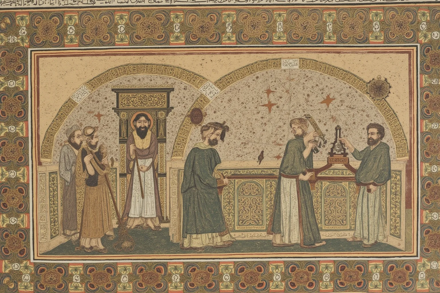 Islamic Golden Age astronomers using astrolabes and star tables in a marble observatory, geometric tilework, no recognizable faces, no text.