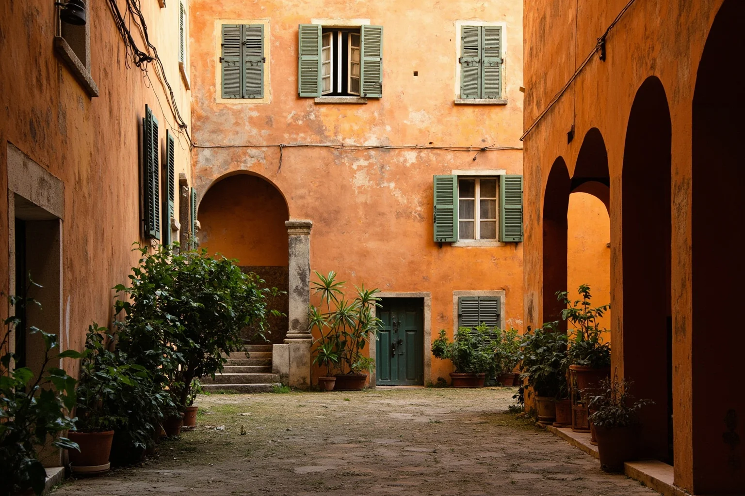 Italian former asylum courtyard with faded ochre walls, shuttered windows, potted plants, warm afternoon light, no people, photorealistic.