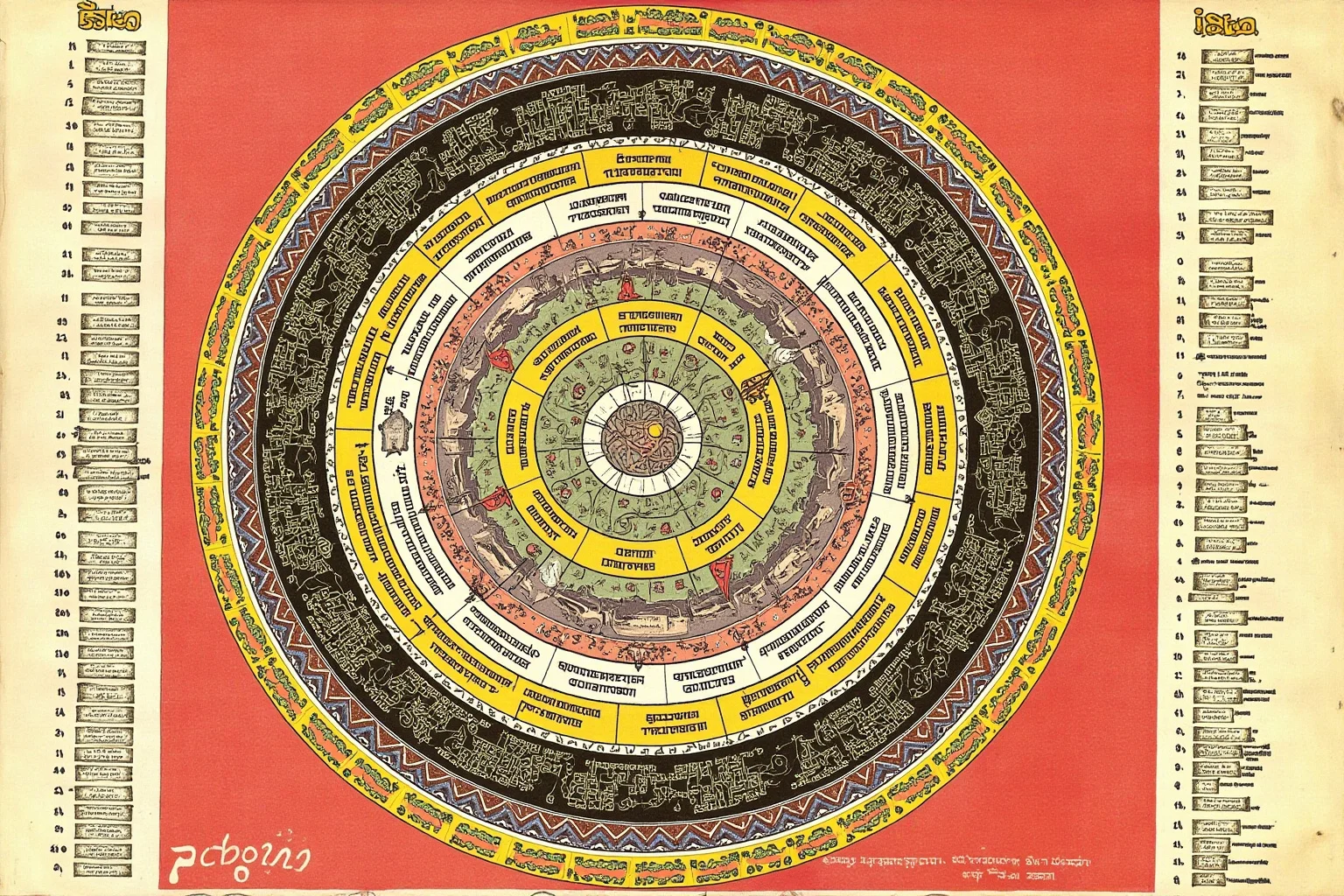 Jain cosmic diagram with layered realms and infinite space, intricate geometric map, colorful traditional Indian art style, no text.