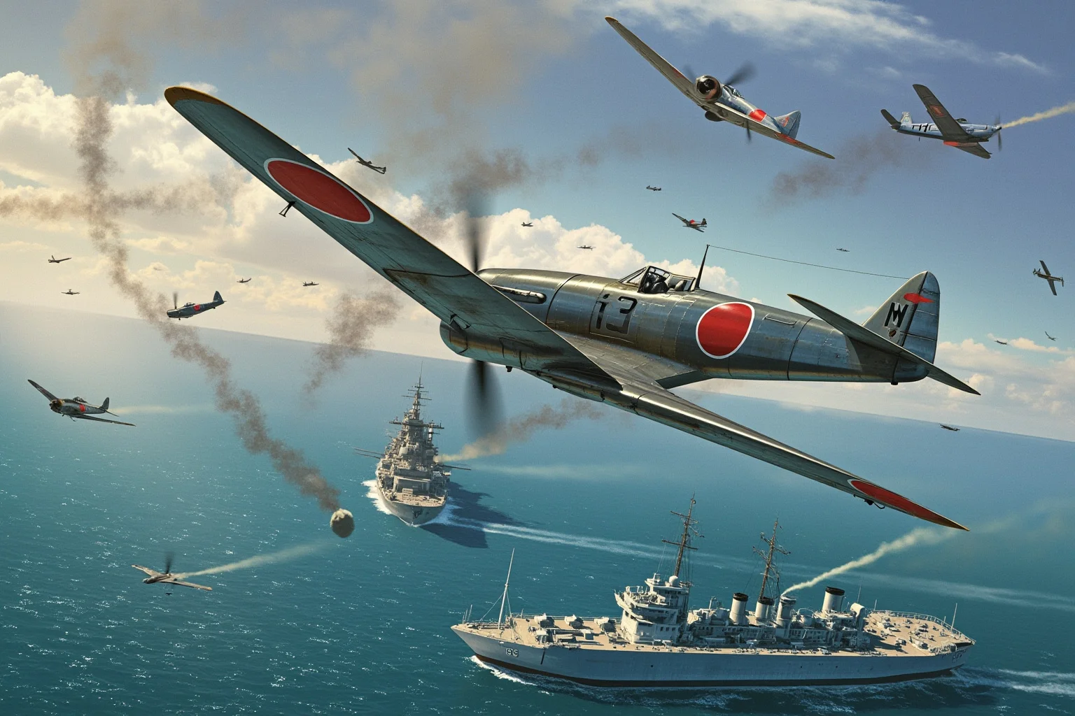 Military Tactics That Seemed Brilliant: 20 That Were Pure Desperation 17 Japanese kamikaze planes diving toward Allied ships in the Pacific, anti-aircraft fire filling the sky, World War II illustration
