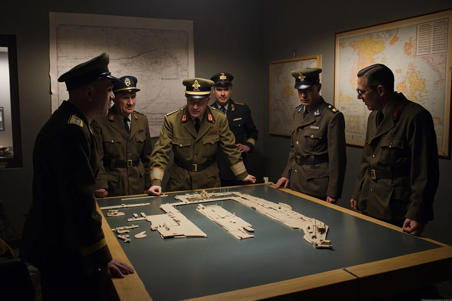 Japanese military planners studying a scale model of a harbor in a dim war room, 1940s uniforms, maps and charts on the walls