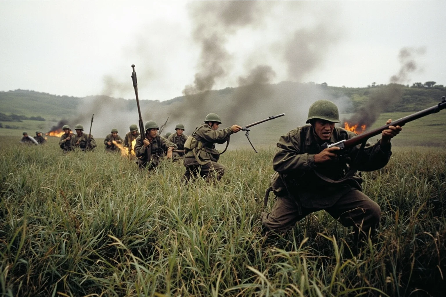 Military Tactics That Seemed Brilliant: 20 That Were Pure Desperation 13 Japanese soldiers launching a banzai charge through tall grass toward American positions, Pacific island battlefield, dramatic and tragic