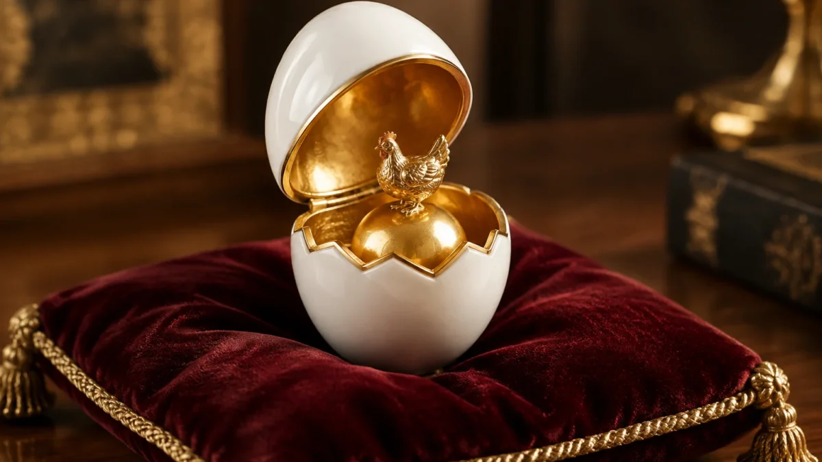 A simple gold egg with a white enamel shell, opening to reveal a gold yolk and a tiny gold hen inside, on a velvet cushion.