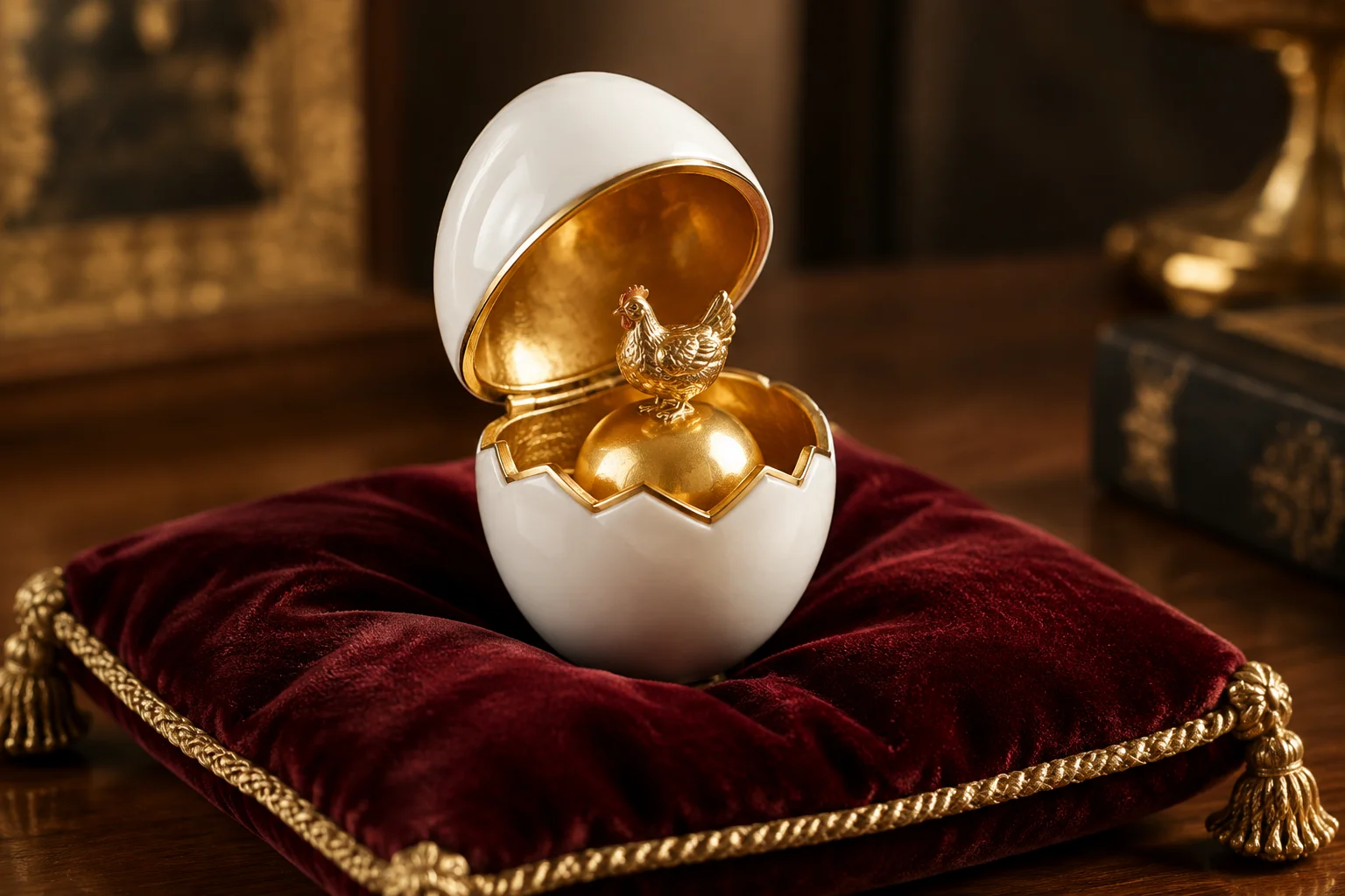 A simple gold egg with a white enamel shell, opening to reveal a gold yolk and a tiny gold hen inside, on a velvet cushion.