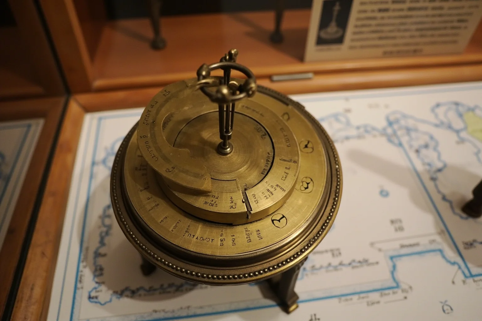 John Harrison's H4 chronometer, a brass sea clock, displayed on a wooden table with nautical charts.